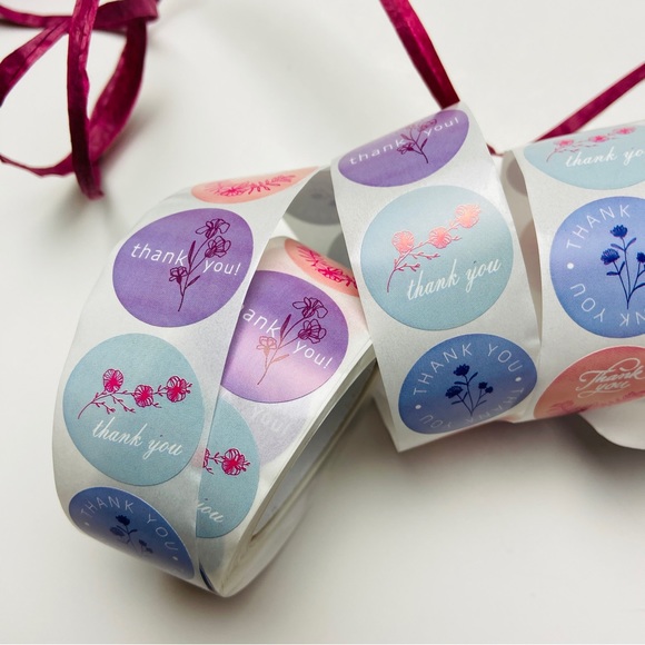 500 Roll multi color floral thank you packaging stickers 1” round - Picture 4 of 7
